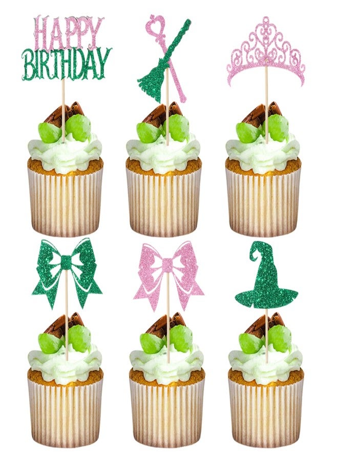 RANERVZ 48Pcs Witch Birthday Cupcake Toppers Pink and Green Witch Themed Cupcake Toppers Bow Crown Witch Hat Cupcake Picks Witch Birthday Party Cupcake Decorations - Image 1